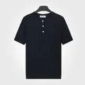 Heren gebreid ijssijden poloshirt met Henley-kraag in koningsblauw met verticale strepen - L / Tops / Saffierblauw