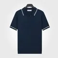 Polo da uomo in maglia di seta ghiaccio blu reale a maniche corte con colletto a righe bianche - Taglia L / Top / Blu zaffiro