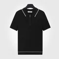 Men's black ice silk knit polo shirt with zipper collar and white trim detail. - M / Tops / Black