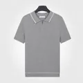 Men's grey short sleeve knitted Polo shirt with zipper collar and contrast tipping - M / Tops / Gray