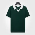 Polo pour homme en tricot de soie glacée vert foncé avec col en V blanc contrasté - L / Hauts / Vert