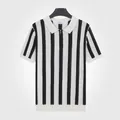 Men's short-sleeved knit Polo shirt featuring classic black and white vertical stripes. - L / Tops / White
