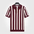 Men's vertical striped knit polo shirt with zip collar in burgundy and white - L / Tops / Purple