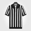 Men's short-sleeved striped knit polo shirt with zipper collar in black and white stripe - L / Tops / Black
