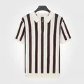Premium men's vertical striped knit polo shirt with quarter zip in elegant apricot - L / Tops / Apricot