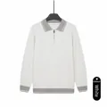 Premium white men's long-sleeve polo knit sweater with grey lapel and half-zipper detail - M / Tops / White