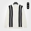 Men's white knitted polo sweater with sophisticated black vertical stripes and long sleeves - M / Tops / White