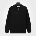 Classic black men's half-zip polo knit sweater with fine texture and soft warmth - M / Tops / Black