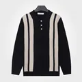 Classic men's black long-sleeved polo sweater featuring elegant beige vertical stripes - M / Tops / Black