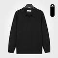Men's premium long-sleeved polo-style knit sweater in elegant solid black color. - M / Tops / Black