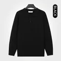 Men's classic black polo collar long-sleeve knitted sweater in elegant old money style - M / Top (2011) / Black