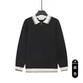 Black long-sleeve polo knit sweater for men with white contrast collar and half-zip detail - M / Tops / Black