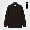 Premium men's polo collar half-zip cable knit sweater in elegant coffee brown color - M / Tops / Coffee