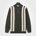 Men's long-sleeved striped polo knit sweater in army green color - M / Tops / Army Green