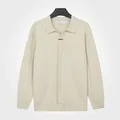 Elegant men's collared knit cardigan in apricot color with vertical ribbed texture - M / Tops / Apricot