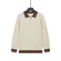 Men's half-zip polo knit sweater in apricot with brown contrast collar and ribbed cuffs. - M / Tops / Apricot