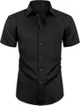 Vista detallada de una camisa negra de manga corta para hombre con un ajuste entallado - 38/XXXS (45-55kg) / Tops / Negro (Botones Combinados)