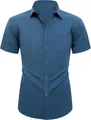 Camisa azul de hombre de manga corta y corte entallado con tejido elástico y material sin plancha - Azul Pavo Real (Botones Combinados)