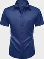 Camisa de vestir azul marino de manga corta para hombre con tejido elástico sin plancha - Azul Marino (Botones Combinados)