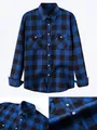 Detailed view of classic blue and black buffalo plaid men's casual shirt texture - S / Tops / Dark Blue