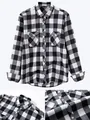 Detail of black and white plaid button-down shirt with chest pockets and collar view - S / Tops / Black