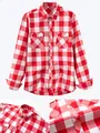 Detailed view of a red and white plaid shirt showing collar, buttons, and fabric texture. - S / Tops / Watermelon red