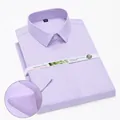 Detail view of purple striped bamboo fiber short-sleeve formal shirt - 38 / Tops / Purple Stripe