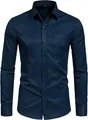 Vista detallada de camisa de hombre azul marino de manga larga con tejido elástico - 38 / Tops / Azul marino