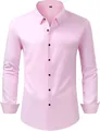 Vue de face d'une chemise rose à manches longues en tissu extensible dans quatre sens - 38/XXXS / Hauts / Rose (Boutons noirs)