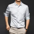 Premium men's long-sleeve satin shirt in silver-gray, perfect for business casual wear - 38/S / Tops / White Long Sleeve
