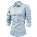 Camisa de satén azul claro de manga larga para hombre, tejido sin plancha y sin arrugas - M / Tops / Azul Niebla
