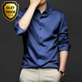 Premium men's deep blue silk satin long sleeve shirt for sophisticated business wear - 38/S / Tops / Navy Blue Long Sleeve
