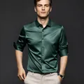 Chemise homme en satin de soie vert foncé, manches longues, pour affaires et loisirs - Vert Foncé