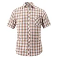 Vue de face détaillée d'une chemise décontractée à manches courtes pour hommes à carreaux - Plaid Croisé Orange Bleu Blanc (817)