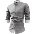Vista frontale di una camicia casual da uomo in cotone e lino a maniche lunghe grigia - Grigio chiaro