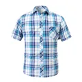 Chemise décontractée à manches courtes pour hommes à carreaux bleus avec poche - Plaid Bleu Cyan Blanc (812)