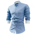 Camicia casual da uomo a maniche lunghe in cotone lino azzurro con collo button-down - Azzurro