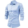Camisa de vestir de satén azul claro para hombre, de manga larga y tejido sin plancha. - M / Tops / Azul claro