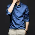 Premium blue long sleeve silk satin shirt for men with elegant business casual style - 38/S / Tops / Royal Blue Long Sleeve