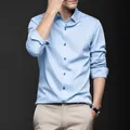 Camisa de satén de seda azul claro de manga larga para hombre estilo casual de negocios - 3XL / Tops / Azul claro