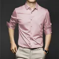 Premium men's pink satin button-down shirt with a silky texture and a slim-fit design - 38/S / Tops / Pink