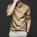 Chemise haut de gamme en soie satinée or champagne pour homme, style business casual - Kaki