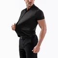 Detail view of black high-stretch seamless short-sleeved business casual shirt for men - XS / Tops / Black