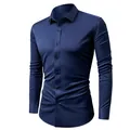 Classic men's navy blue long-sleeve dress shirt made with four-way stretch fabric - Navy Blue