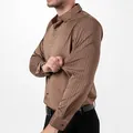 Close-up of high-elastic striped brown shirt for men showing stretchable fabric detail - Khaki