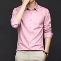 Chemise rose à manches longues en satin de soie pour homme, infroissable - Rose