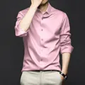 Elegant men's pink long sleeve silk satin shirt with wrinkle-free finish - Pink