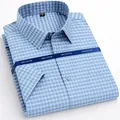 Camicia da uomo a maniche corte in 100% cotone a quadretti blu e grigi, no stiro - 38 / Top / Quadri Blu-Grigio (D2513)