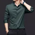 Professional dark green slim fit men's high-elasticity non-iron dress shirt with silky finish - XS / Tops / Army Green