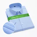 Blue striped bamboo fiber short sleeve business shirt with fabric texture close-up - 38 / Tops / Light Blue Thick Stripes